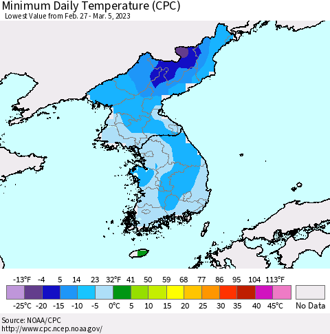 Korea Minimum Daily Temperature (CPC) Thematic Map For 2/27/2023 - 3/5/2023