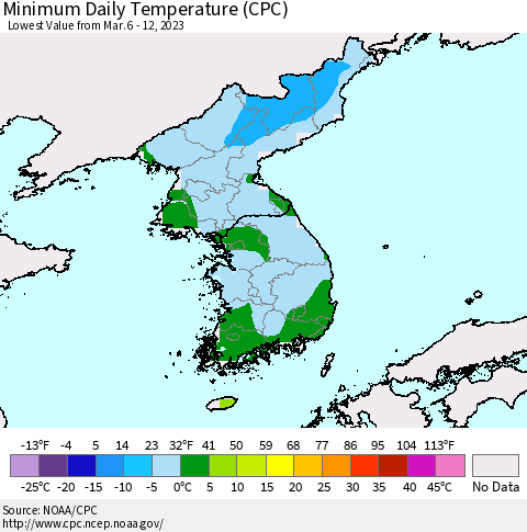 Korea Minimum Daily Temperature (CPC) Thematic Map For 3/6/2023 - 3/12/2023