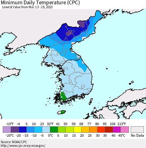 Korea Minimum Daily Temperature (CPC) Thematic Map For 3/13/2023 - 3/19/2023