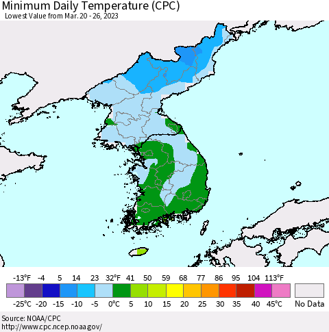 Korea Minimum Daily Temperature (CPC) Thematic Map For 3/20/2023 - 3/26/2023