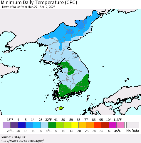 Korea Minimum Daily Temperature (CPC) Thematic Map For 3/27/2023 - 4/2/2023