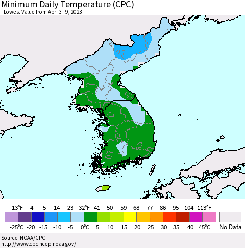 Korea Minimum Daily Temperature (CPC) Thematic Map For 4/3/2023 - 4/9/2023