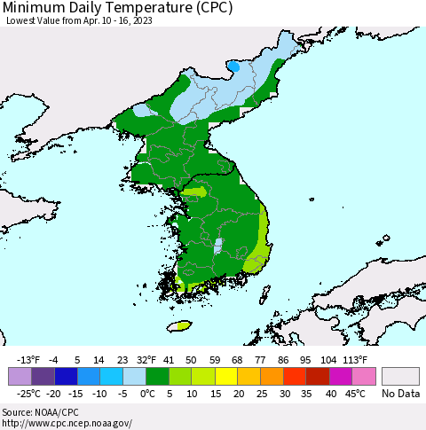 Korea Minimum Daily Temperature (CPC) Thematic Map For 4/10/2023 - 4/16/2023
