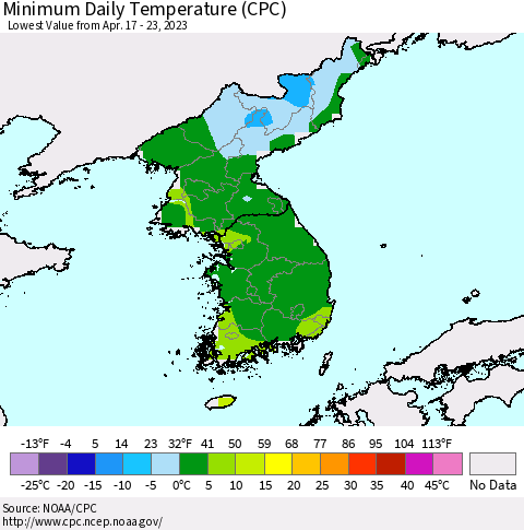 Korea Minimum Daily Temperature (CPC) Thematic Map For 4/17/2023 - 4/23/2023