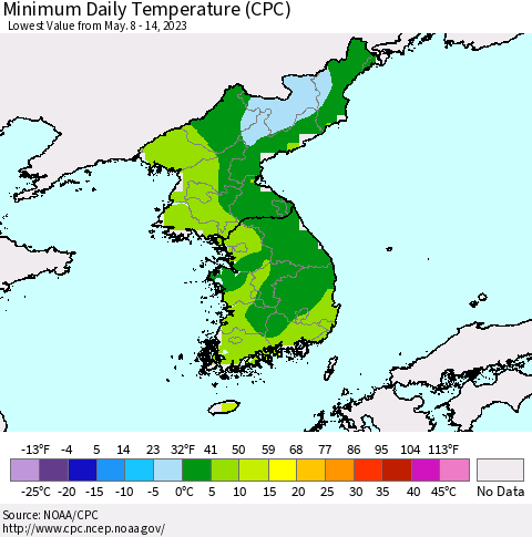 Korea Minimum Daily Temperature (CPC) Thematic Map For 5/8/2023 - 5/14/2023