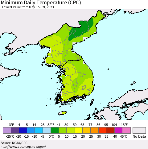 Korea Minimum Daily Temperature (CPC) Thematic Map For 5/15/2023 - 5/21/2023