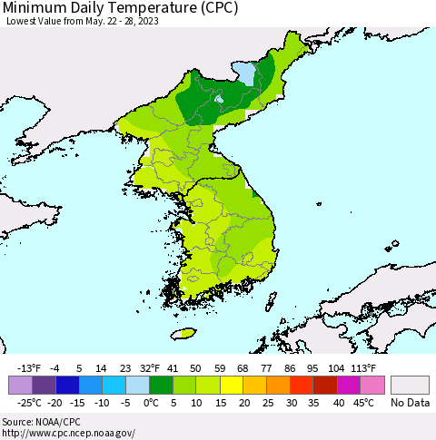 Korea Minimum Daily Temperature (CPC) Thematic Map For 5/22/2023 - 5/28/2023