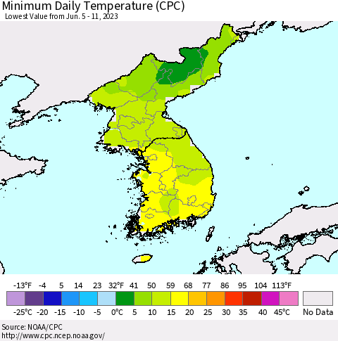 Korea Minimum Daily Temperature (CPC) Thematic Map For 6/5/2023 - 6/11/2023