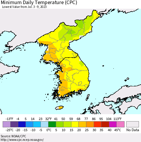 Korea Minimum Daily Temperature (CPC) Thematic Map For 7/3/2023 - 7/9/2023