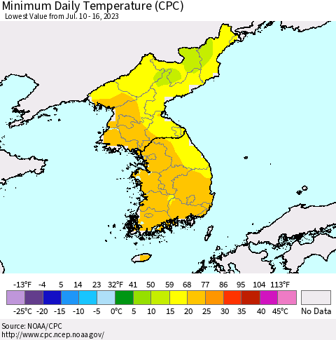 Korea Minimum Daily Temperature (CPC) Thematic Map For 7/10/2023 - 7/16/2023