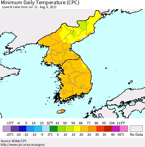 Korea Minimum Daily Temperature (CPC) Thematic Map For 7/31/2023 - 8/6/2023