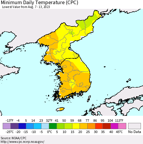 Korea Minimum Daily Temperature (CPC) Thematic Map For 8/7/2023 - 8/13/2023