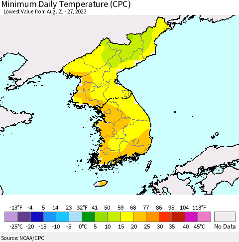 Korea Minimum Daily Temperature (CPC) Thematic Map For 8/21/2023 - 8/27/2023