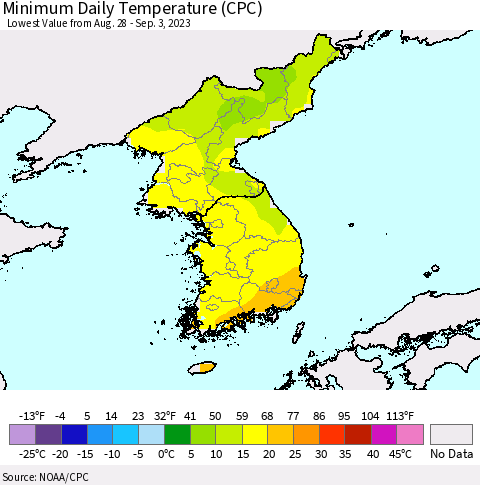 Korea Minimum Daily Temperature (CPC) Thematic Map For 8/28/2023 - 9/3/2023