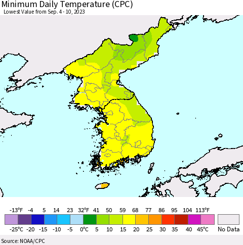 Korea Minimum Daily Temperature (CPC) Thematic Map For 9/4/2023 - 9/10/2023