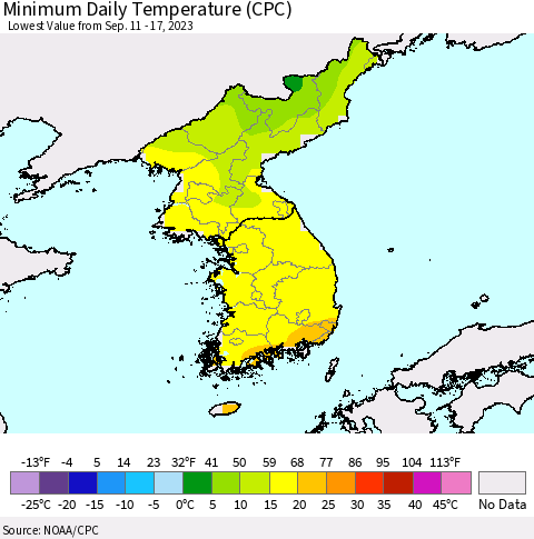 Korea Minimum Daily Temperature (CPC) Thematic Map For 9/11/2023 - 9/17/2023