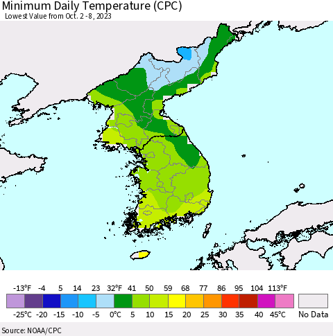 Korea Minimum Daily Temperature (CPC) Thematic Map For 10/2/2023 - 10/8/2023