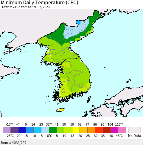 Korea Minimum Daily Temperature (CPC) Thematic Map For 10/9/2023 - 10/15/2023