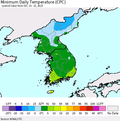 Korea Minimum Daily Temperature (CPC) Thematic Map For 10/16/2023 - 10/22/2023