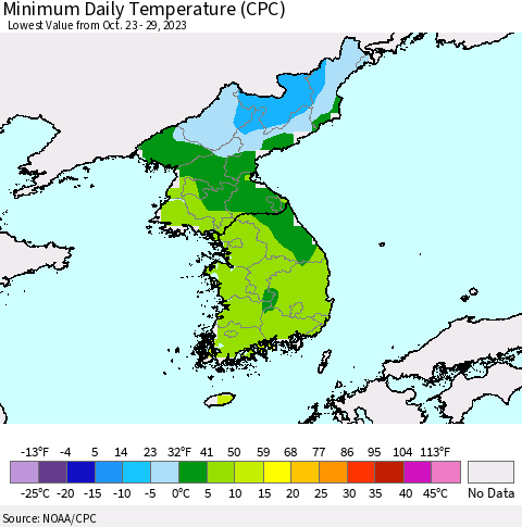 Korea Minimum Daily Temperature (CPC) Thematic Map For 10/23/2023 - 10/29/2023