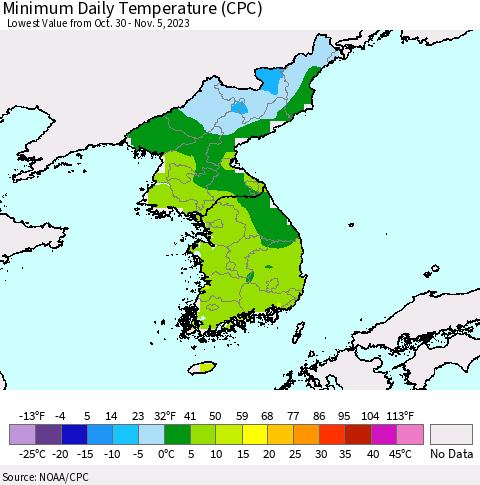 Korea Minimum Daily Temperature (CPC) Thematic Map For 10/30/2023 - 11/5/2023