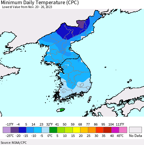 Korea Minimum Daily Temperature (CPC) Thematic Map For 11/20/2023 - 11/26/2023