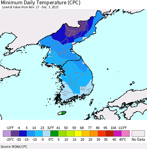 Korea Minimum Daily Temperature (CPC) Thematic Map For 11/27/2023 - 12/3/2023