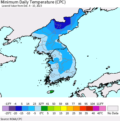 Korea Minimum Daily Temperature (CPC) Thematic Map For 12/4/2023 - 12/10/2023