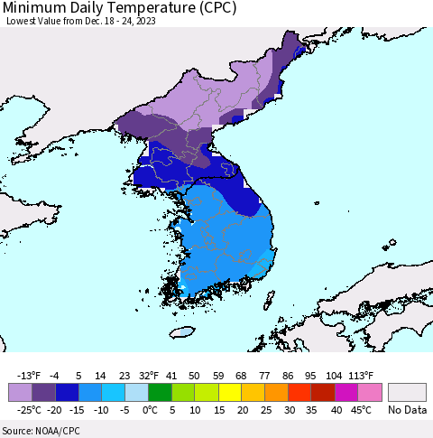 Korea Minimum Daily Temperature (CPC) Thematic Map For 12/18/2023 - 12/24/2023