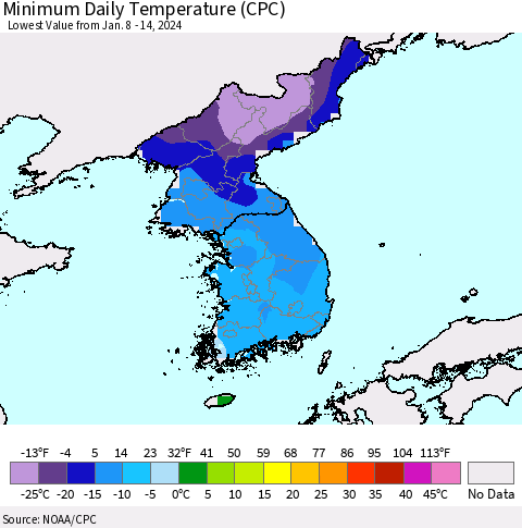 Korea Minimum Daily Temperature (CPC) Thematic Map For 1/8/2024 - 1/14/2024