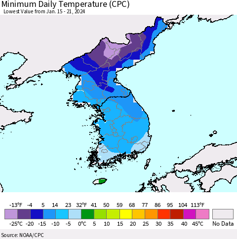 Korea Minimum Daily Temperature (CPC) Thematic Map For 1/15/2024 - 1/21/2024
