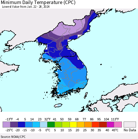 Korea Minimum Daily Temperature (CPC) Thematic Map For 1/22/2024 - 1/28/2024