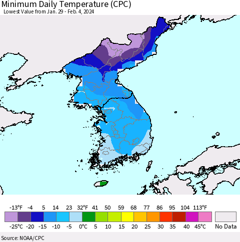 Korea Minimum Daily Temperature (CPC) Thematic Map For 1/29/2024 - 2/4/2024