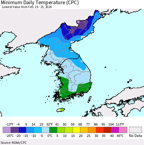Korea Minimum Daily Temperature (CPC) Thematic Map For 2/19/2024 - 2/25/2024