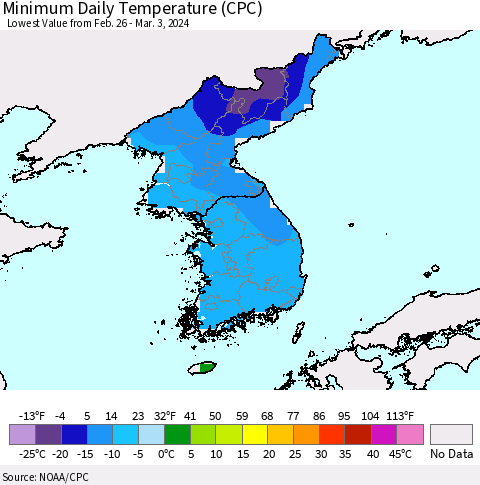 Korea Minimum Daily Temperature (CPC) Thematic Map For 2/26/2024 - 3/3/2024