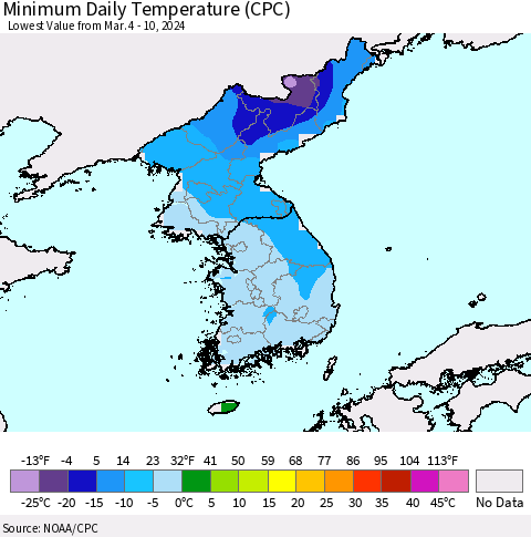 Korea Minimum Daily Temperature (CPC) Thematic Map For 3/4/2024 - 3/10/2024