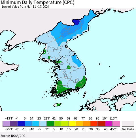 Korea Minimum Daily Temperature (CPC) Thematic Map For 3/11/2024 - 3/17/2024