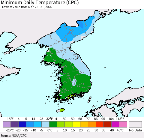 Korea Minimum Daily Temperature (CPC) Thematic Map For 3/25/2024 - 3/31/2024