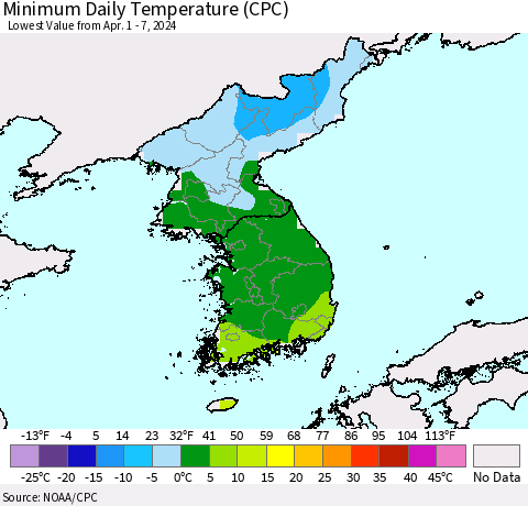 Korea Minimum Daily Temperature (CPC) Thematic Map For 4/1/2024 - 4/7/2024