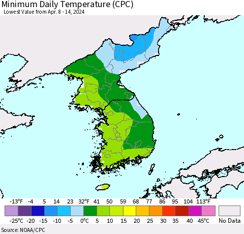 Korea Minimum Daily Temperature (CPC) Thematic Map For 4/8/2024 - 4/14/2024