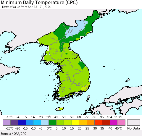 Korea Minimum Daily Temperature (CPC) Thematic Map For 4/15/2024 - 4/21/2024