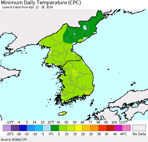 Korea Minimum Daily Temperature (CPC) Thematic Map For 4/22/2024 - 4/28/2024