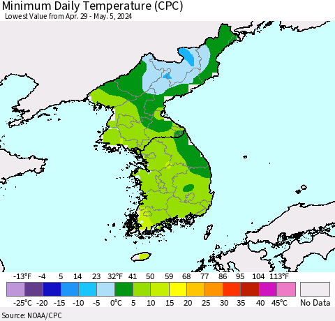 Korea Minimum Daily Temperature (CPC) Thematic Map For 4/29/2024 - 5/5/2024