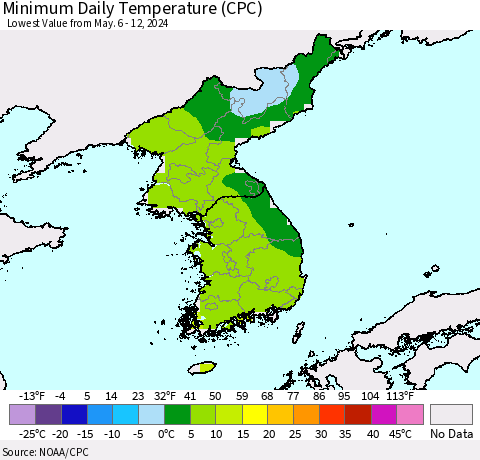 Korea Minimum Daily Temperature (CPC) Thematic Map For 5/6/2024 - 5/12/2024