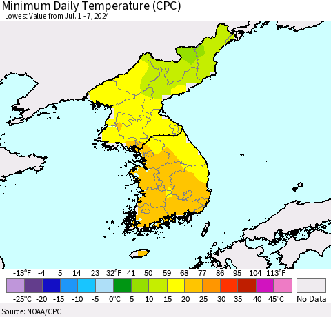 Korea Minimum Daily Temperature (CPC) Thematic Map For 7/1/2024 - 7/7/2024