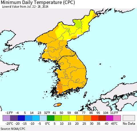 Korea Minimum Daily Temperature (CPC) Thematic Map For 7/22/2024 - 7/28/2024