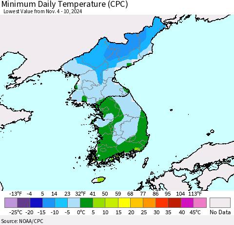 Korea Minimum Daily Temperature (CPC) Thematic Map For 11/4/2024 - 11/10/2024