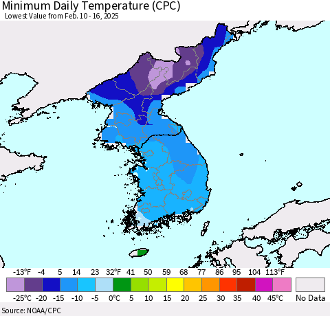 Korea Minimum Daily Temperature (CPC) Thematic Map For 2/10/2025 - 2/16/2025