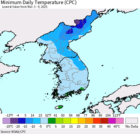 Korea Minimum Daily Temperature (CPC) Thematic Map For 3/3/2025 - 3/9/2025