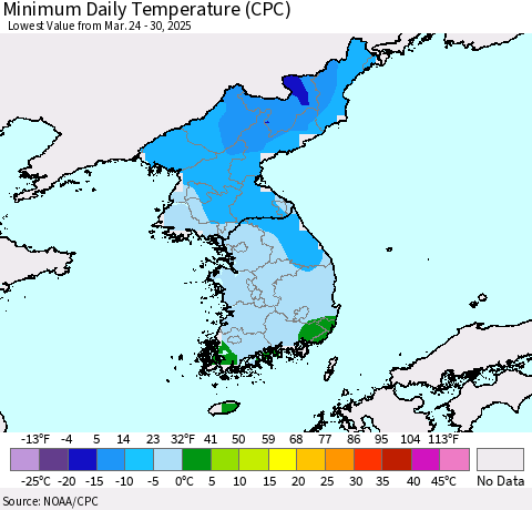 Korea Minimum Daily Temperature (CPC) Thematic Map For 3/24/2025 - 3/30/2025